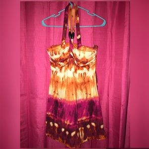 Orange and pink tie dyed halter mini dress